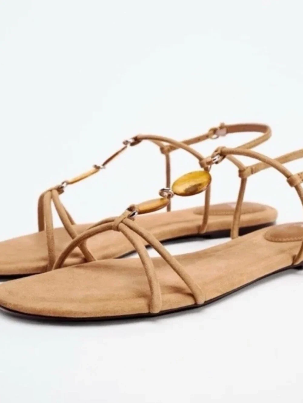 Zara Tan Suede Beaded T-Strap Sandals - Picture 2 of 4